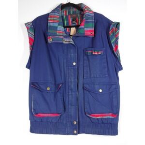 VTG 90s Lavon Sport Utility Vest M Blue Plaid Trim Cotton Canvas Gorpcore Vest